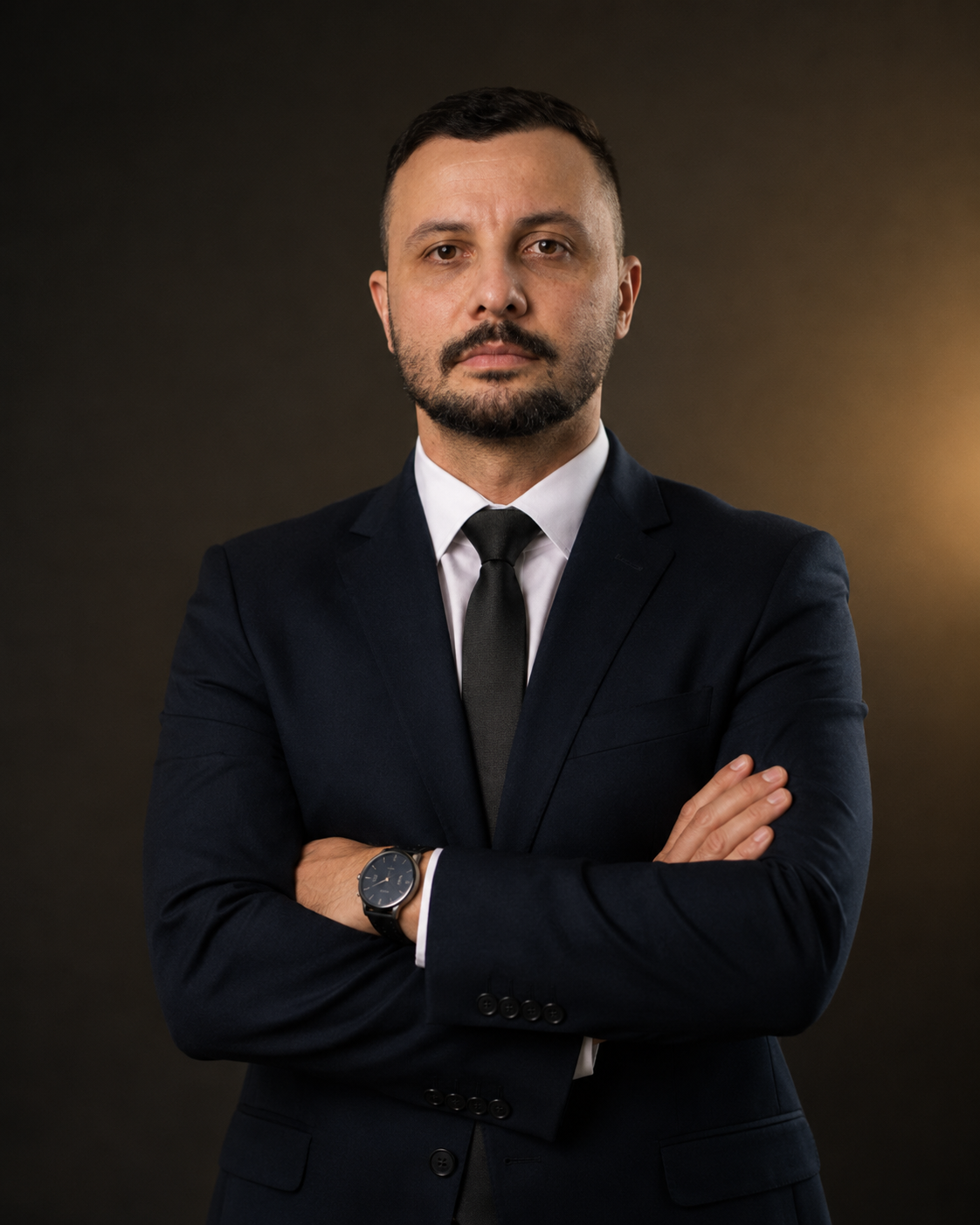 Retrato oficial de Allan Aguiar de terno azul-marinho e gravata preta, braços cruzados